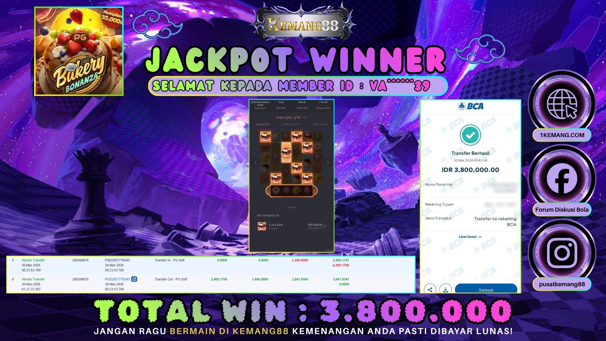 KEMANG88 [30 Maret 2026] : JACKPOT SLOT : BAKERY BONANZA [PG] Rp. 3.800.000.,- LUNAS